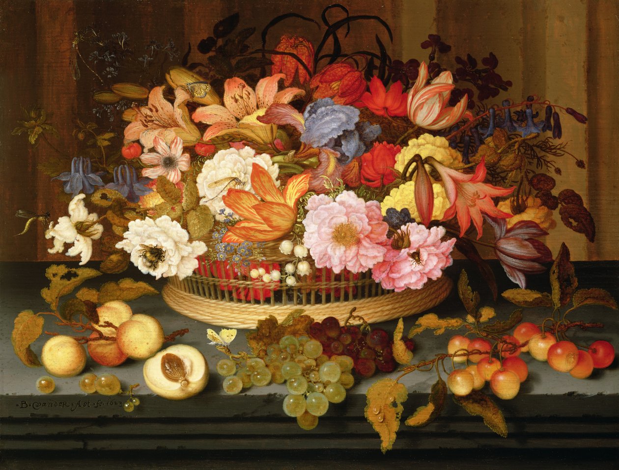 水果静物和一篮子花，1623年 作者 Balthasar van der Ast