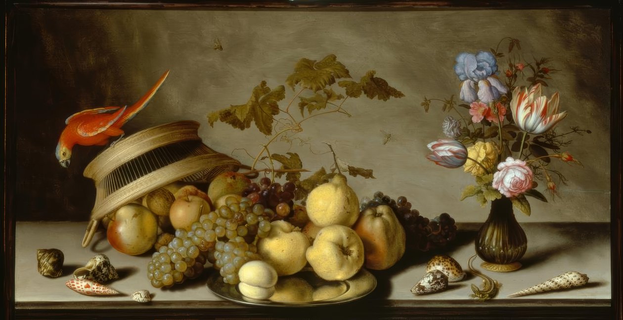 静物与梨，桃子，苹果在马口铁上 作者 Balthasar van der Ast