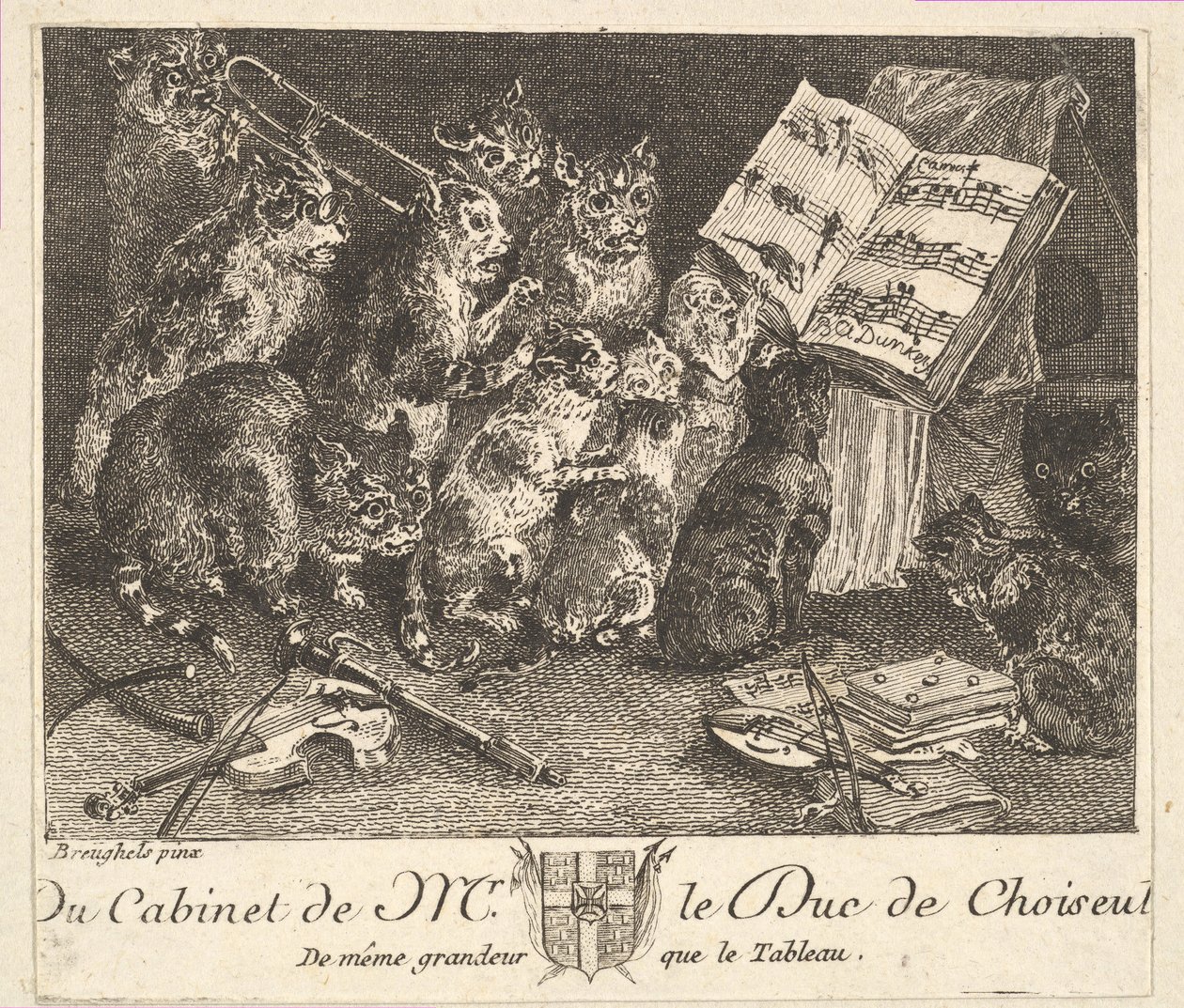 猫的音乐会，仿照舒瓦瑟尔公爵收藏的画作，1771年前。 作者 巴尔塔萨·安东·邓克