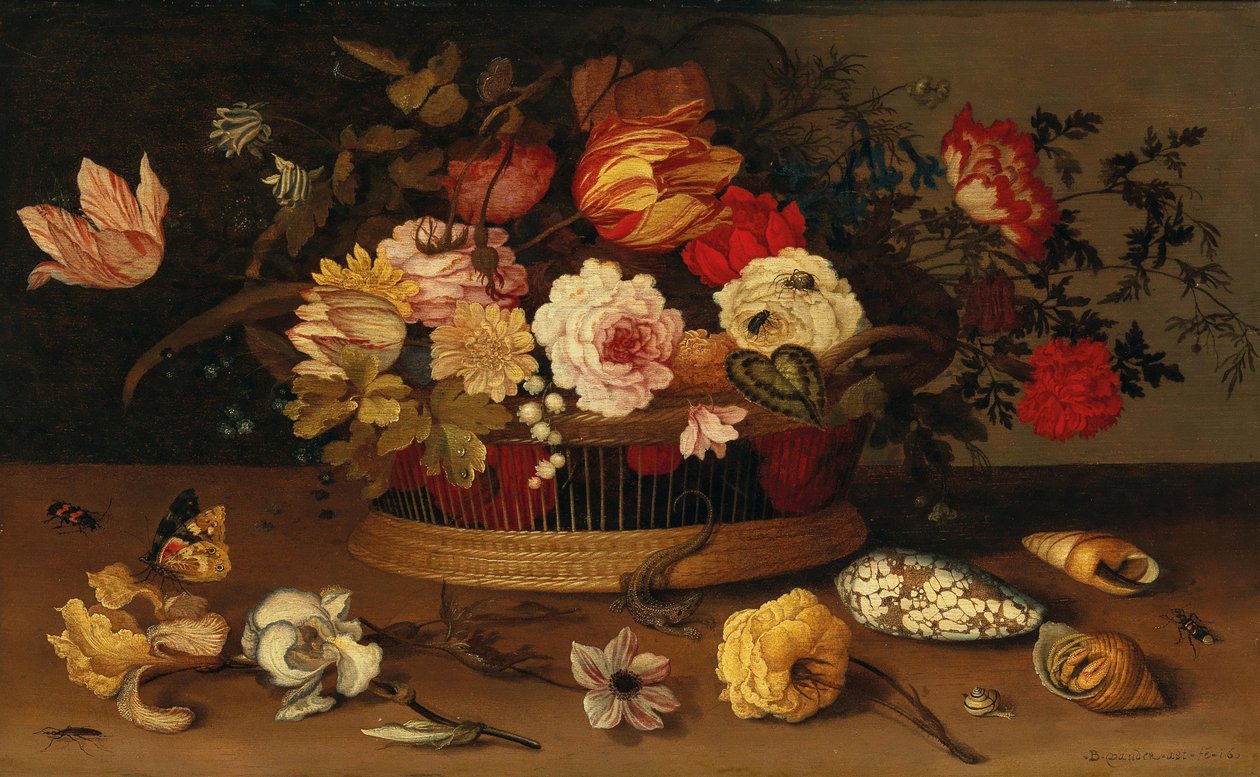 一个柳条篮子，上面有鲜花和贝壳的石磴。 作者 Balthasar van der Ast