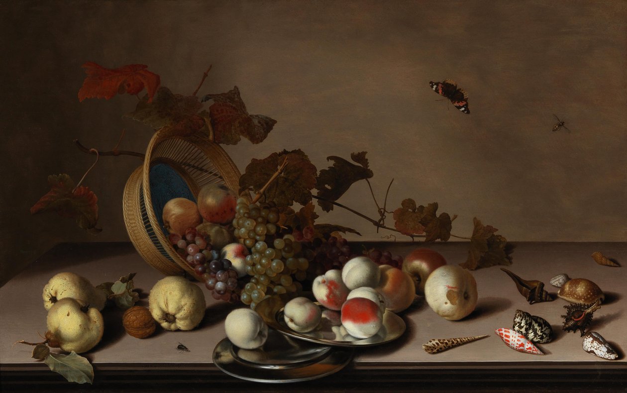 水果静物，柳条筐，贻贝和蝴蝶，17世纪上半叶。 作者 Balthasar van der Ast
