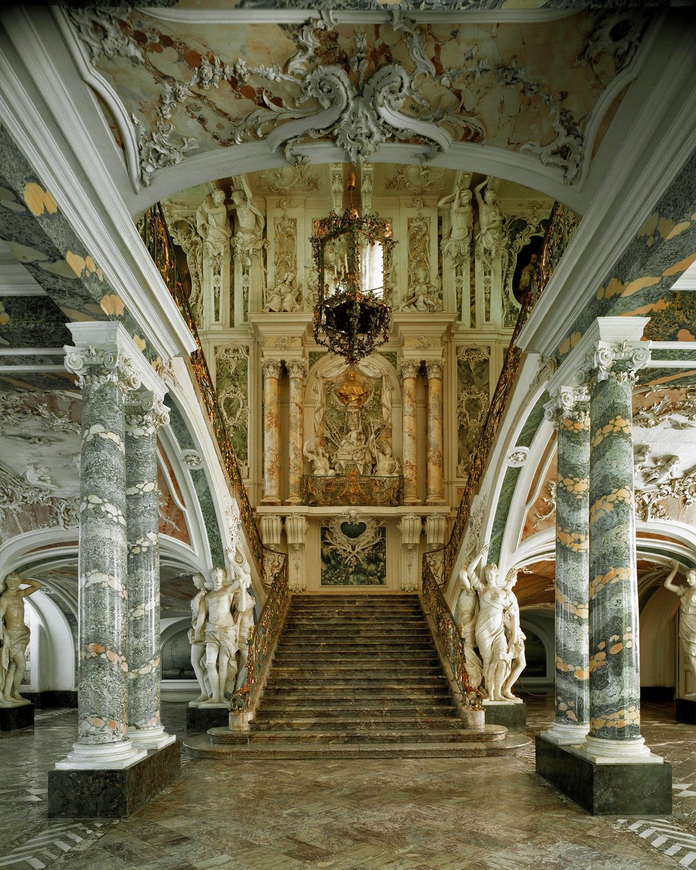 由建筑师 Johann Balthasar Neumann（1687-1753）设计的奥古斯都堡城堡大楼梯景观，德国布鲁尔 作者 Balthasar Neumann
