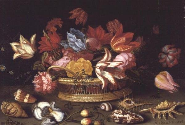 篮子里的花和贝壳在斜坡上(油画板) 作者 Balthasar van der Ast