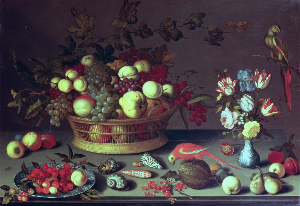 一篮子葡萄和其他水果（面板上有油） 作者 Balthasar van der Ast