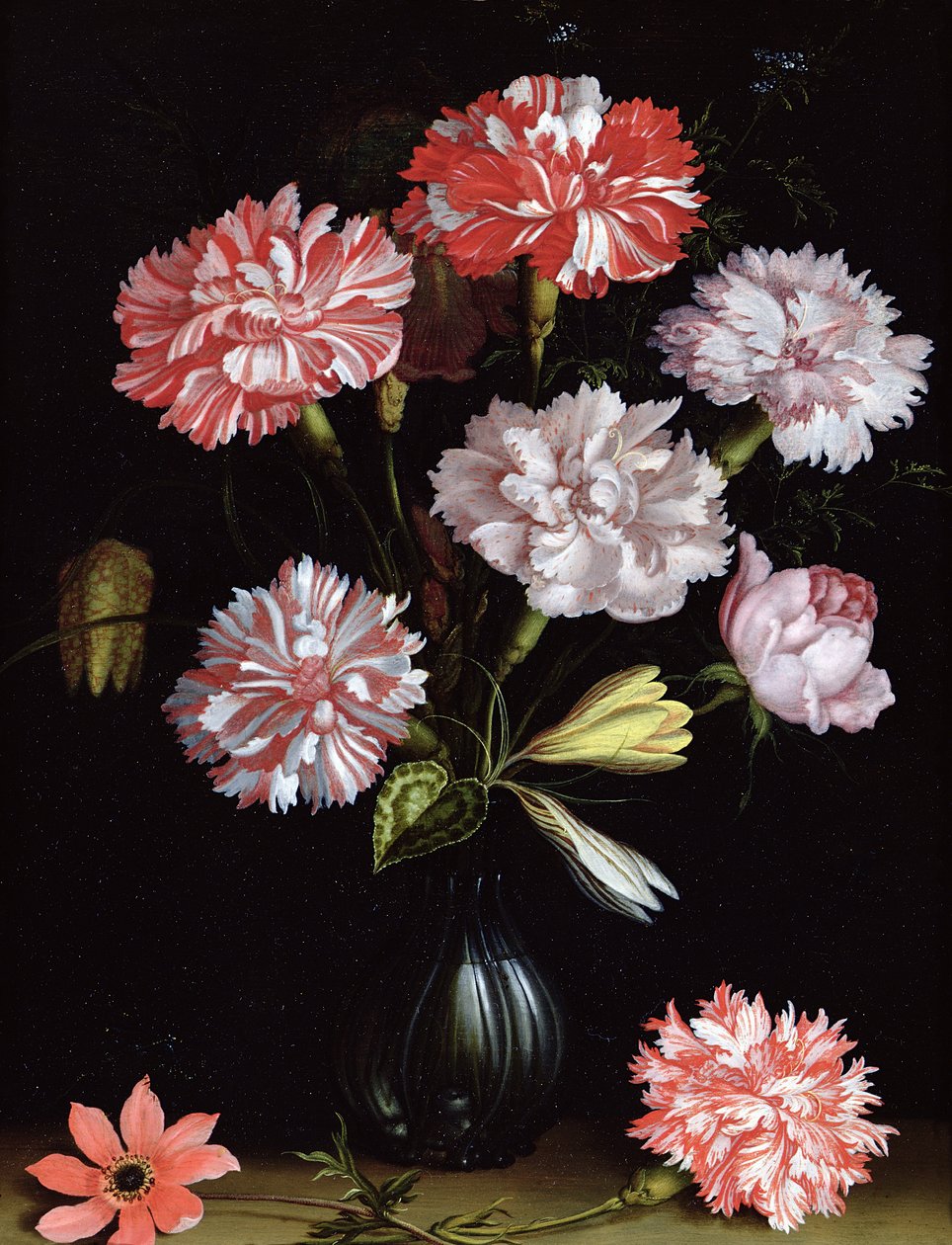 花艺研究：花瓶里的康乃馨（面板上的油） 作者 Balthasar van der Ast