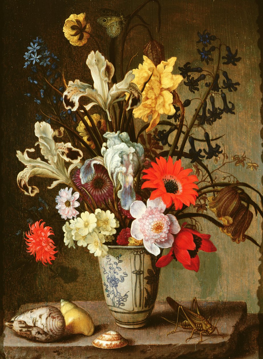 花卉研究与烧杯、蚱蜢和贝壳（面板油画 作者 Balthasar van der Ast