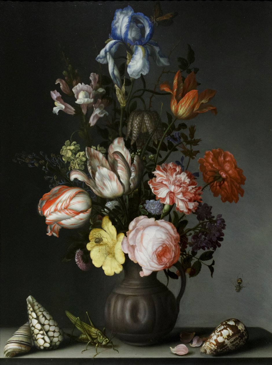 花瓶中的花与贝壳和昆虫，约 1630 年（橡木上的油彩） 作者 Balthasar van der Ast