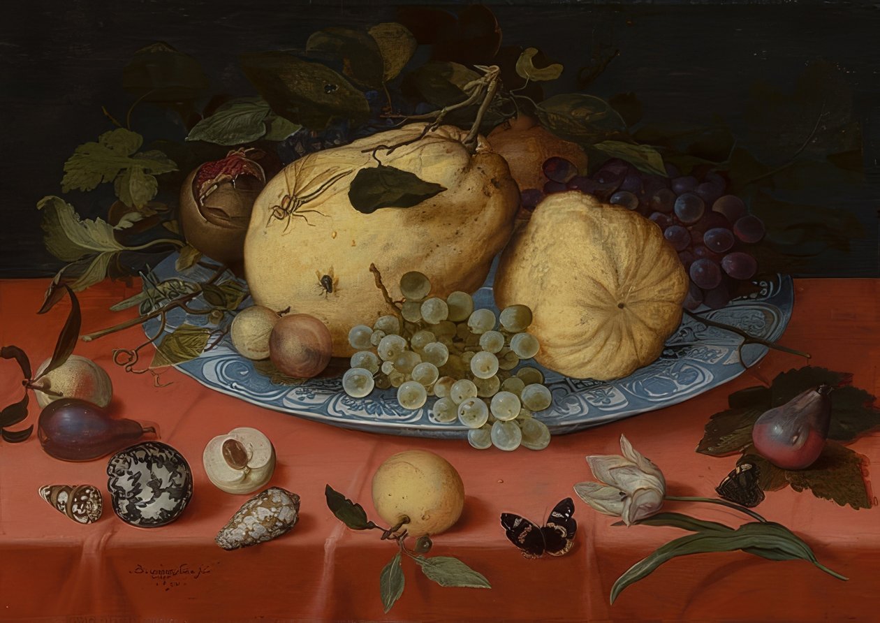 水果静物与贻贝和郁金香。 1620 作者 Balthasar van der Ast
