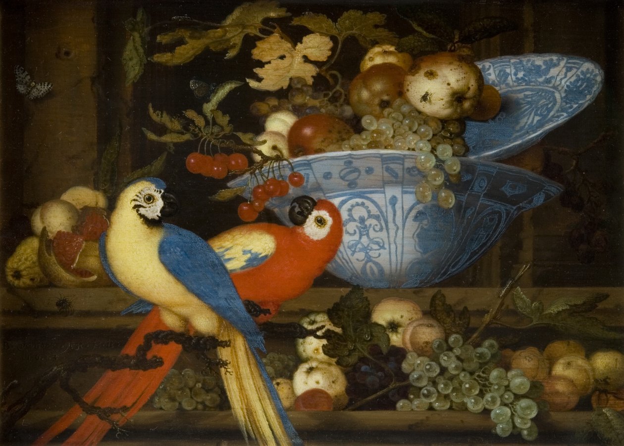 水果静物与两只鹦鹉 作者 Balthasar van der Ast
