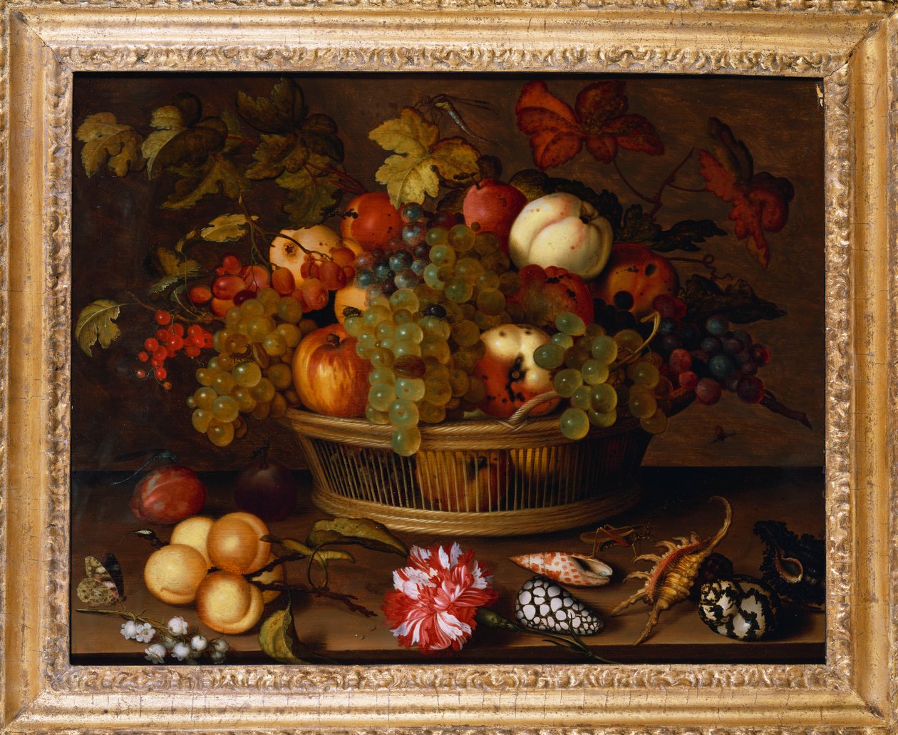 葡萄，苹果，桃子和李子放在篮子里与山谷百合 作者 Balthasar van der Ast