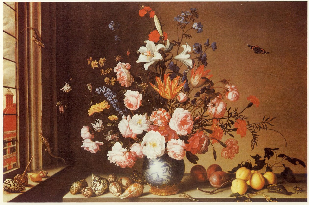 室内有大型花束、贝壳、水果和蜥蜴 作者 Balthasar van der Ast