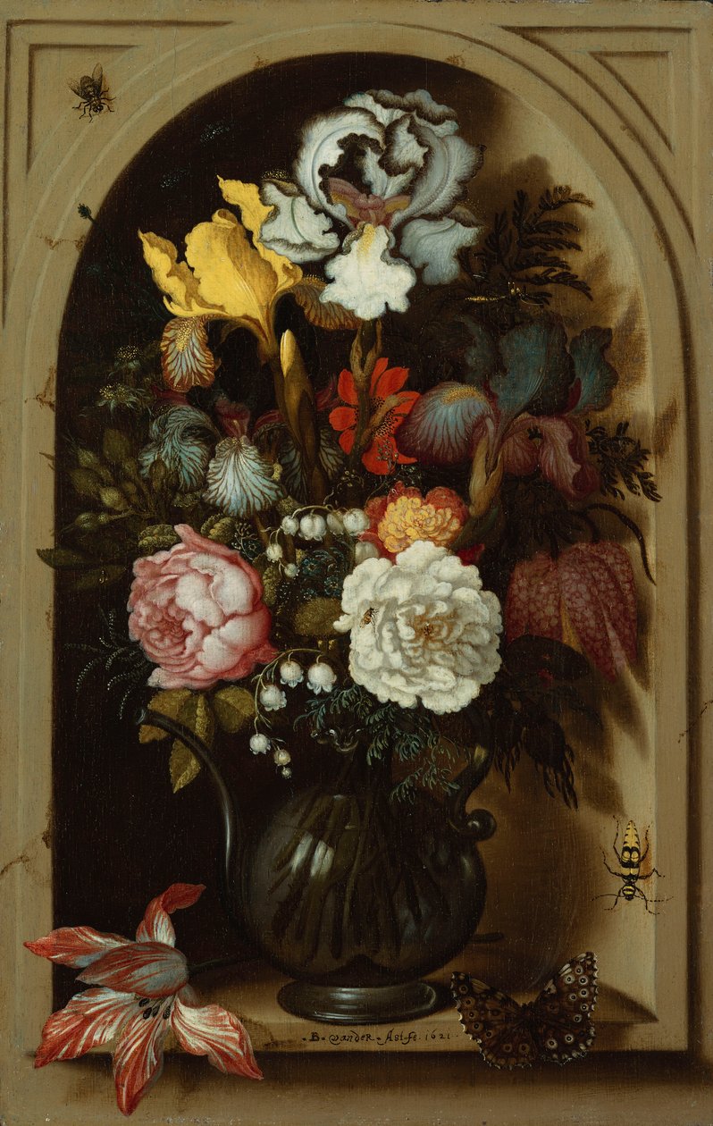 壁iche中的玻璃花瓶中的鸢尾花，玫瑰，山谷百合和其他花朵，1621年 作者 Balthasar van der Ast