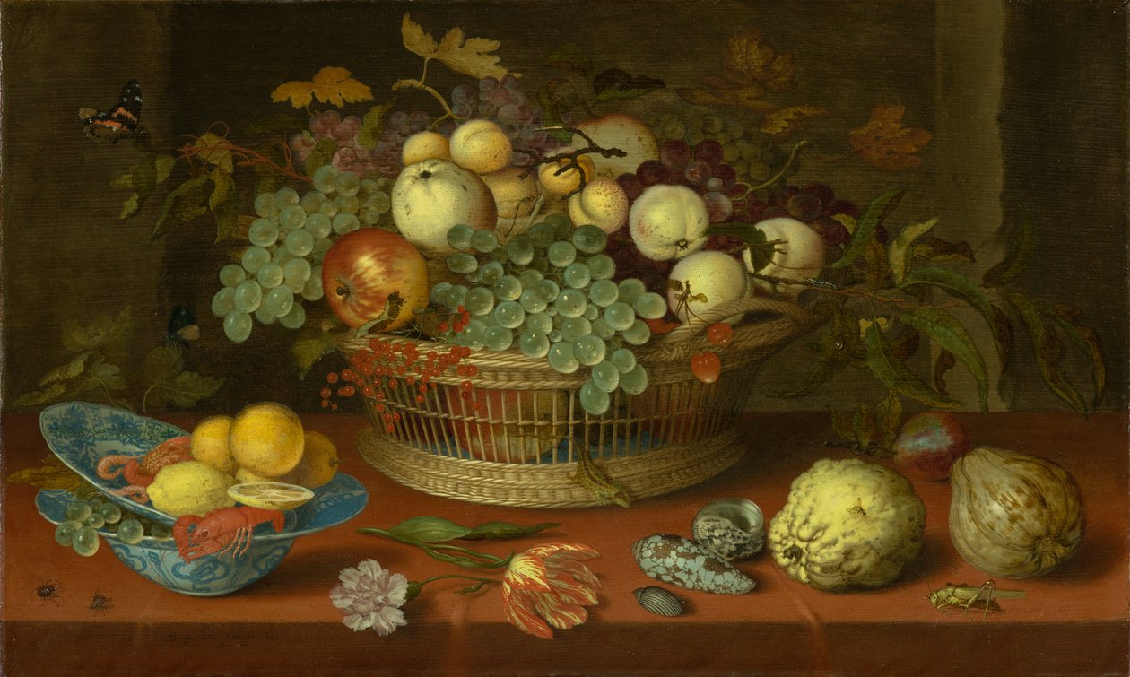 静物与篮子的水果，1622年 作者 Balthasar van der Ast