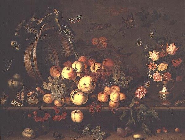 有水果、花和鹦鹉的静物，1620年代初（板画） 作者 Balthasar van der Ast