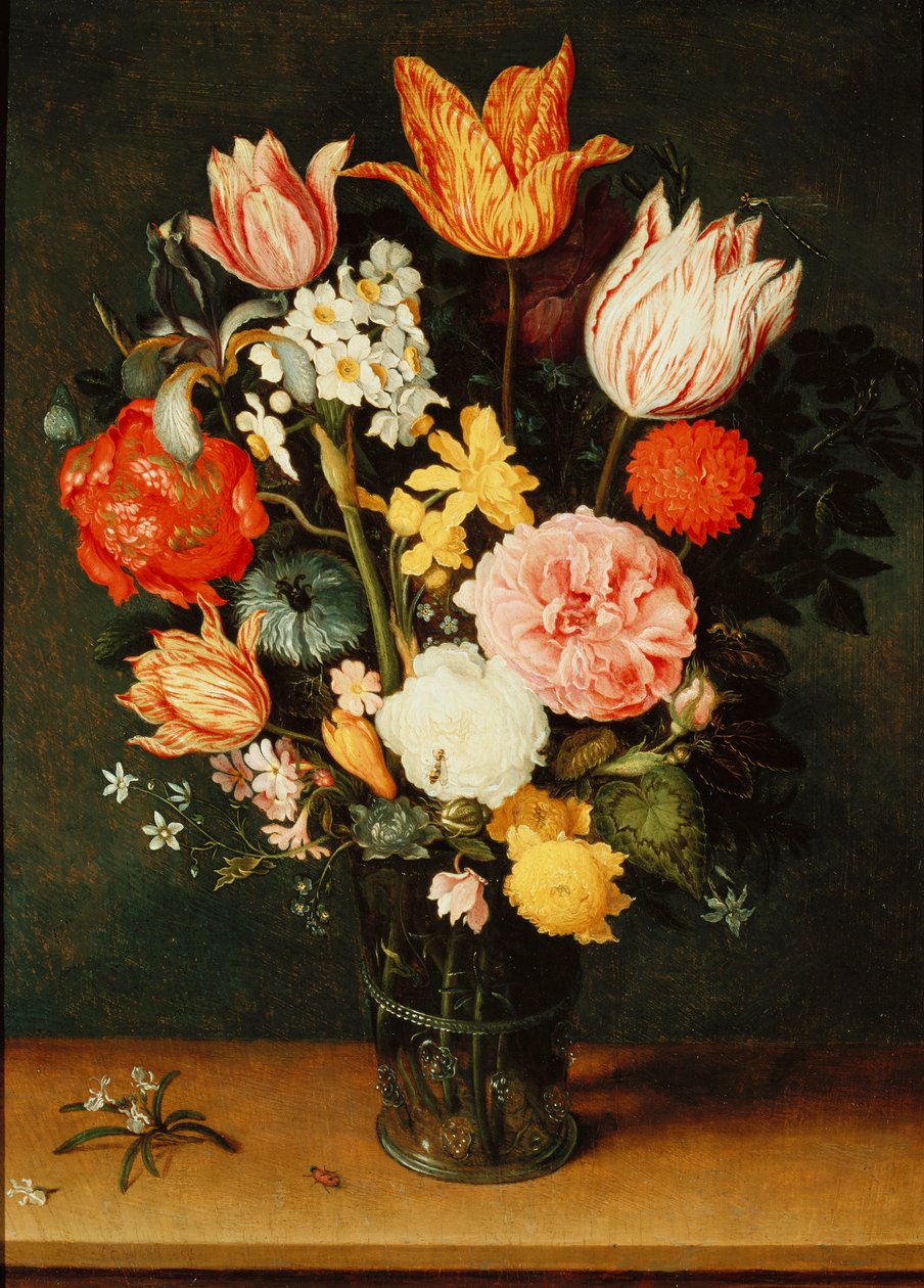玻璃花瓶中的郁金香，玫瑰和其他花朵 作者 Balthasar van der Ast