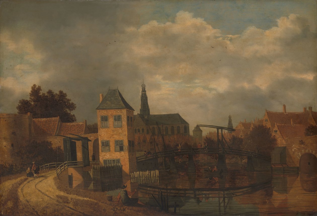 从 Spaarne 河拍摄的哈勒姆镇景观，展示了 Eendjespoort 作者 巴尔塔萨·范德维恩