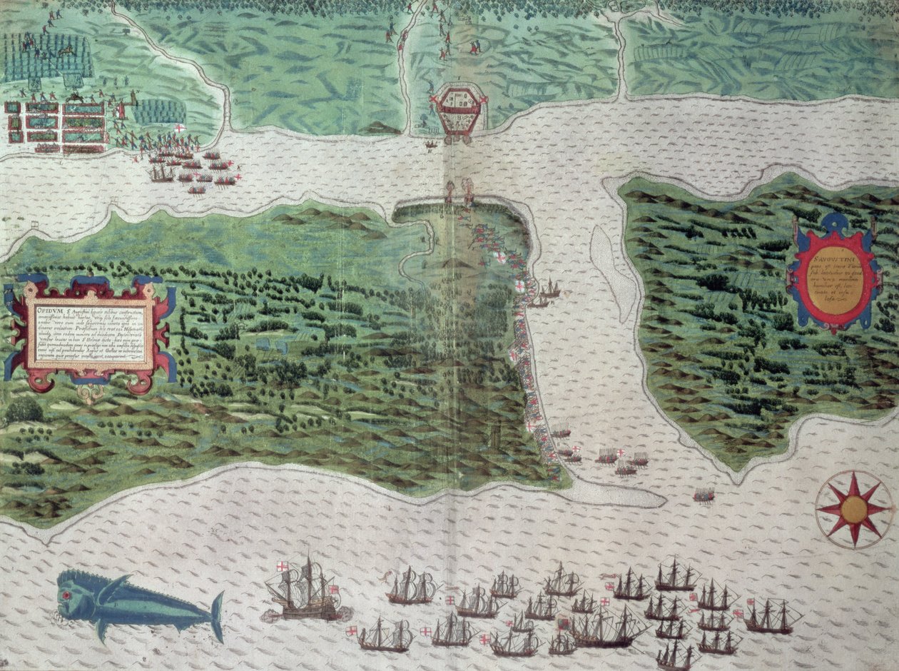 1586年7月7日由弗朗西斯·德雷克爵士（1540-96）1589（手工彩色雕刻）指挥的英国舰队描绘佛罗里达州圣奥古斯丁西班牙殖民地的破坏地图 作者 巴蒂斯塔·博阿齐奥（Baptista Boazio）