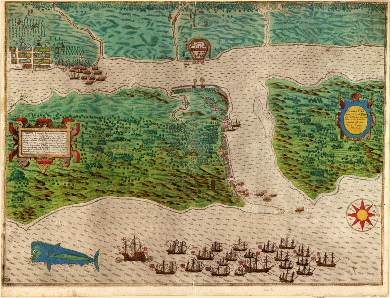 奥古斯丁来自Drakes West Indian Voyage 1585  -  86，酒吧。 1589年（手工彩色雕刻） 作者 巴蒂斯塔·博阿齐奥（Baptista Boazio）