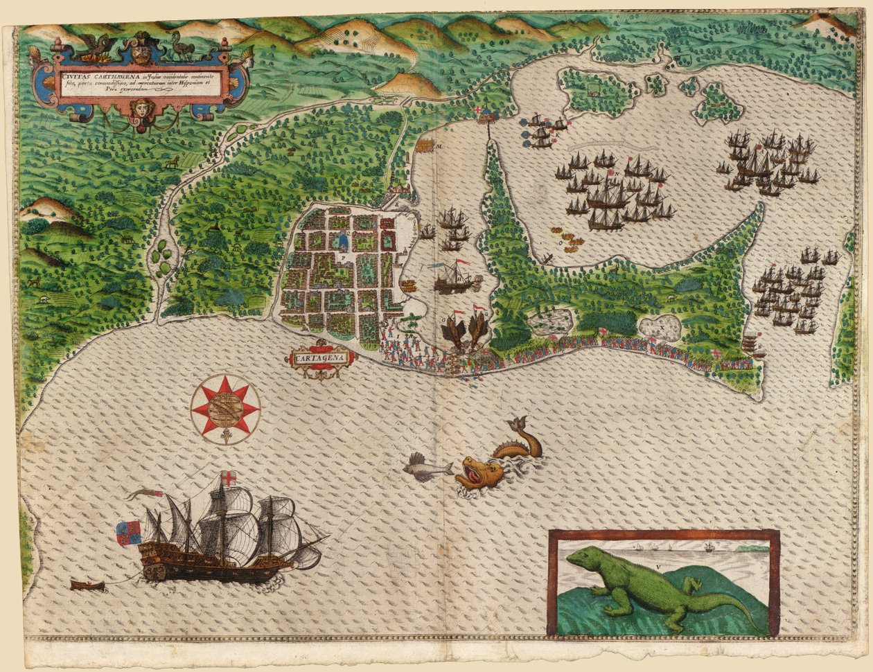 Cartegena，来自Drakes West Indian Voyage 1585  -  86，酒吧。 1589年（手工彩色雕刻） 作者 巴蒂斯塔·博阿齐奥（Baptista Boazio）