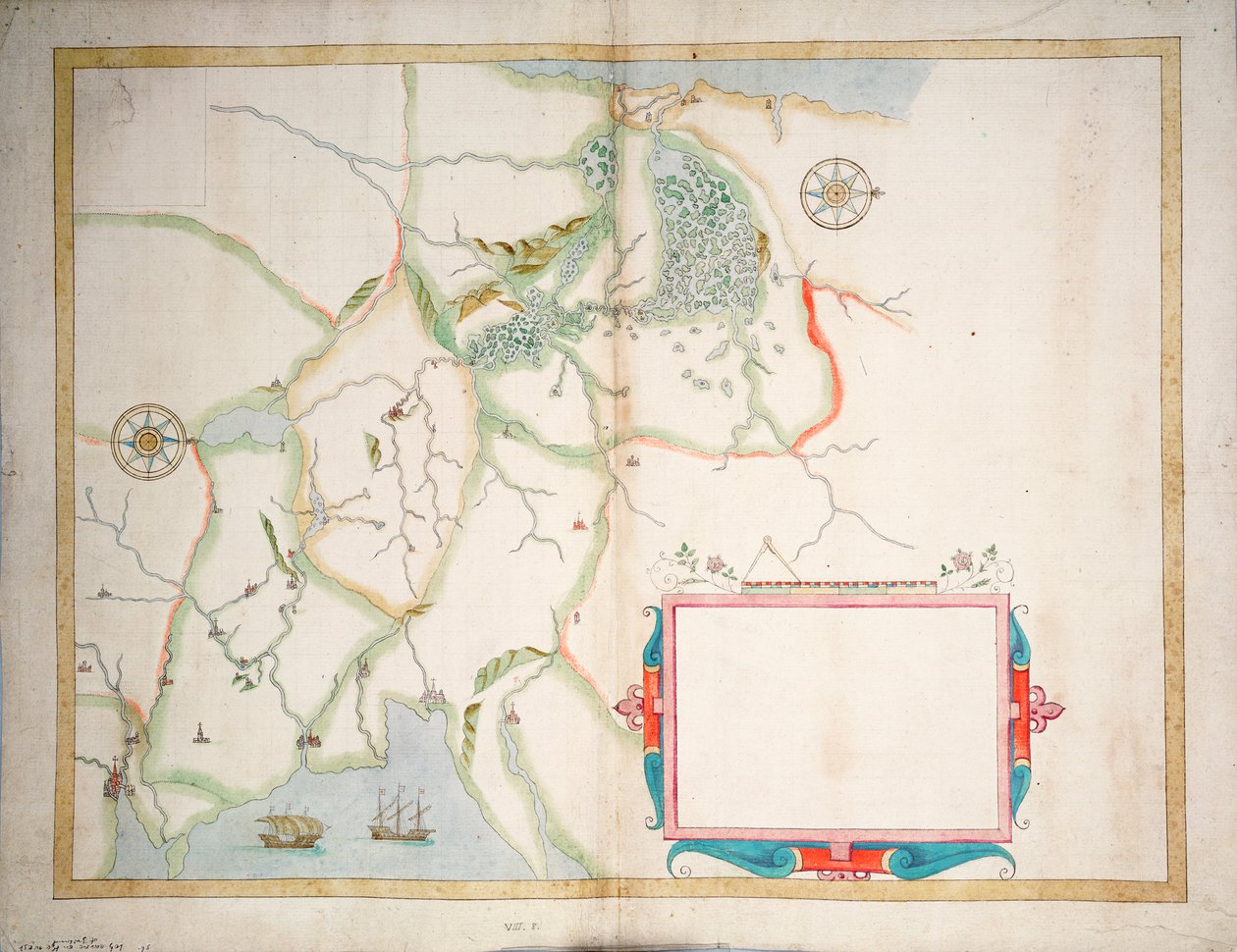 爱尔兰中部，都柏林至斯莱戈，约 1600 年（铺在亚麻布上） 作者 巴蒂斯塔·博阿齐奥（Baptista Boazio）