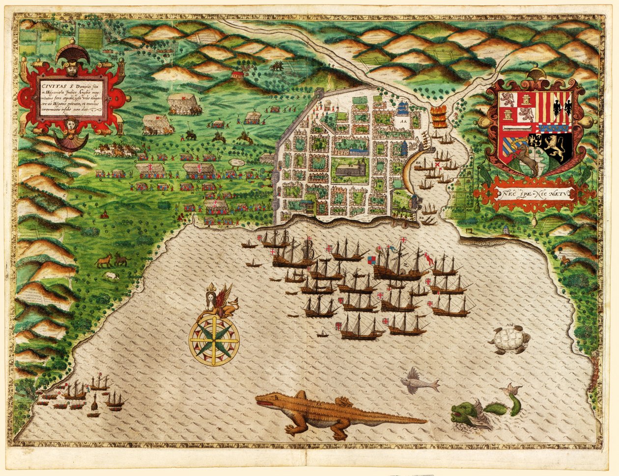 Domingo，来自Drakes West Indian Voyage 1585  -  86，酒吧。 1589年（手工彩色雕刻） 作者 巴蒂斯塔·博阿齐奥（Baptista Boazio）
