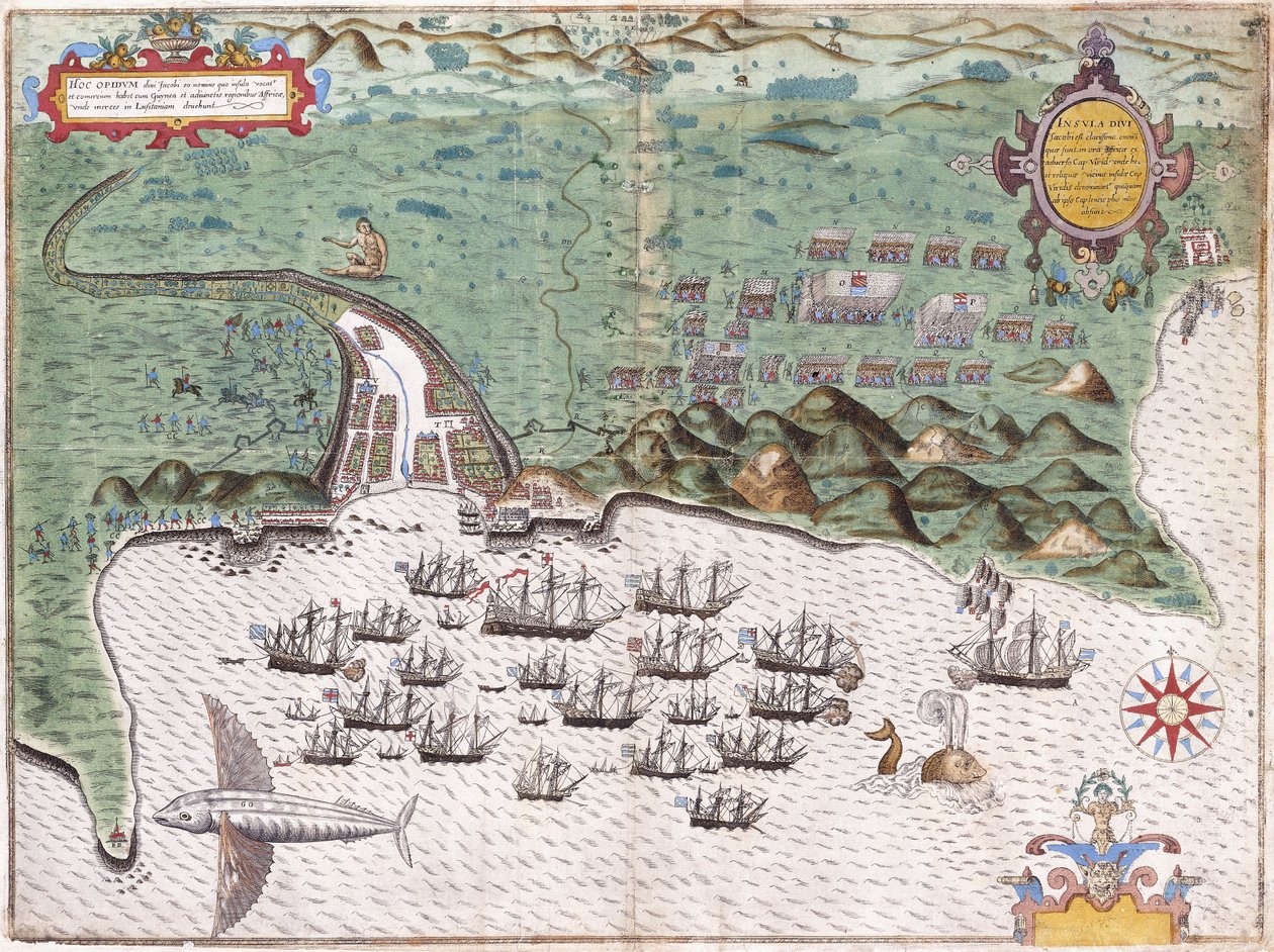 佛得角群岛圣地亚哥的视图计划，显示弗朗西斯·德雷克爵士在1585年11月17日约1588-9年对西班牙堡垒的袭击 作者 巴蒂斯塔·博阿齐奥（Baptista Boazio）