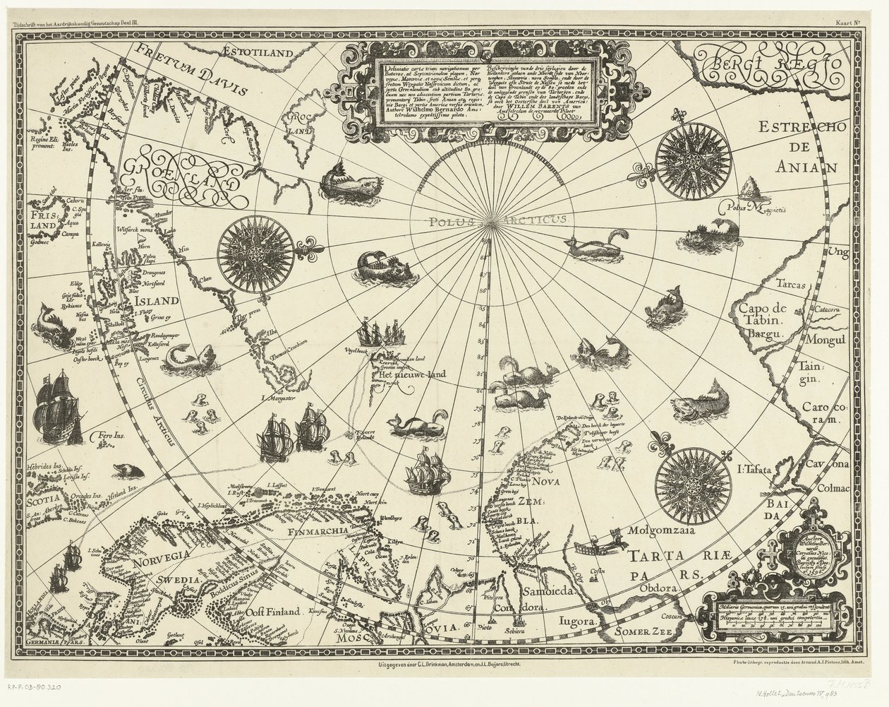 1598 年荷兰人三次航行的北极圈周边国家地图 作者 巴普蒂斯塔·范（后）Doetechum
