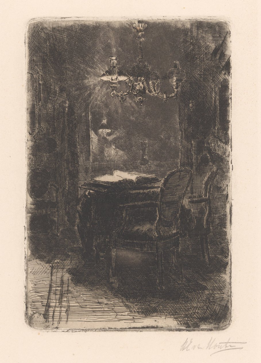 室内有镜子和桌子，桌子上有打开的书 作者 Barbara Elisabeth van Houten（艺术家签名）