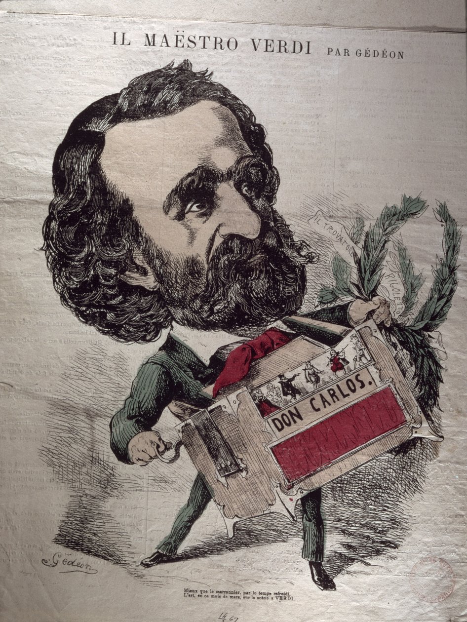 &39;Il Maestro Verdi&39;，意大利作曲家朱塞佩威尔第（1813-1901）的漫画，作为风琴研磨机打扮 作者 巴里尔·吉登（Baril Gedeon）