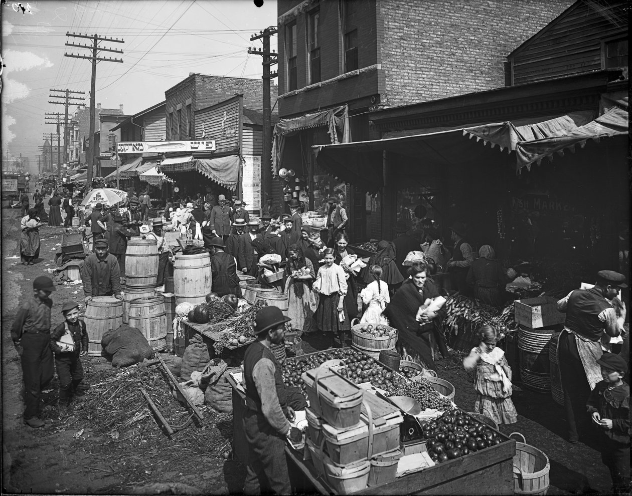美国伊利诺伊州芝加哥麦克斯韦街市场，约1905年（黑白照片）。 作者 巴恩斯和克罗斯比