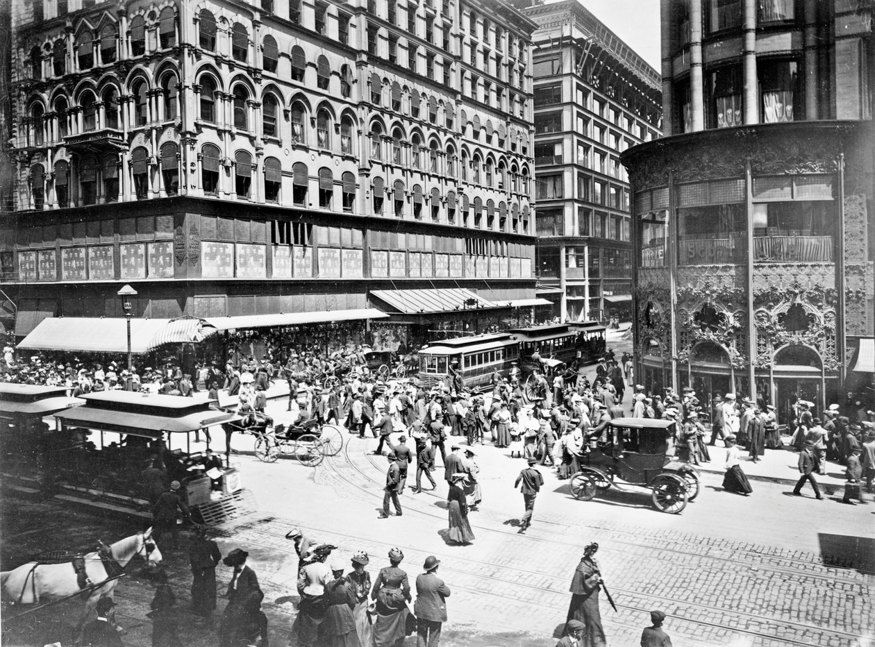 美国伊利诺伊州芝加哥市州街和麦迪逊街，约1905年（黑白照片）。 作者 巴恩斯和克罗斯比