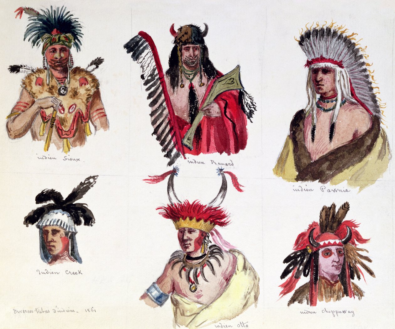 来自Sioux，Renard，Pawnee，Creek，Otto和Chippewa部落的六位美洲印第安人的肖像，1861年 作者 莫里斯·桑德