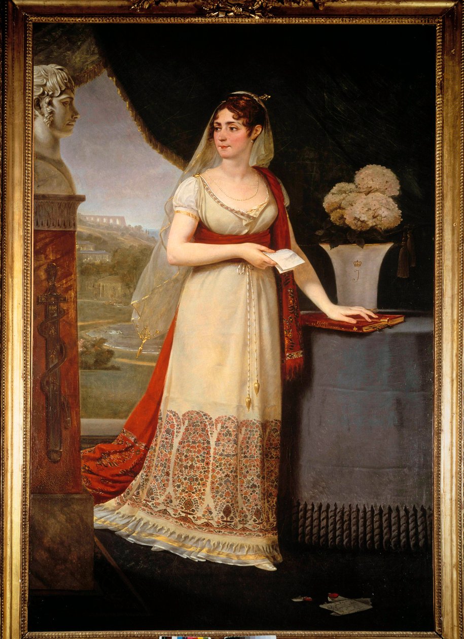 Josephine de Beauharnais (1763-1814) 的全长肖像 她看着描绘她儿子 Eugene Rose de Beauharnais dit le Prince Eugene (1781-1824) 的半身像，一幅 Malmaison - Antoine Jean Gros (1771-1835) 的绘画 作者 安东尼·让·格罗斯男爵