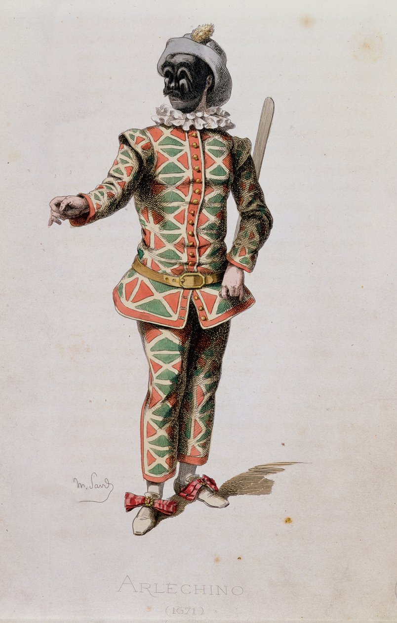 Harlequin，来自艺术家的&39;Masks and Bouffons&39;，由A. Manceau雕刻，1860年 作者 莫里斯·桑德