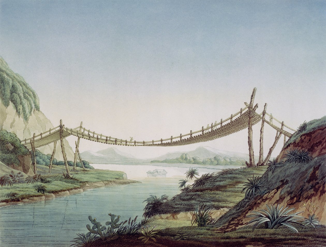 在Penipe附近的绳索桥梁，横渡Chambo河，墨西哥，1810年 作者 弗里德里希·亚历山大·冯·洪堡男爵