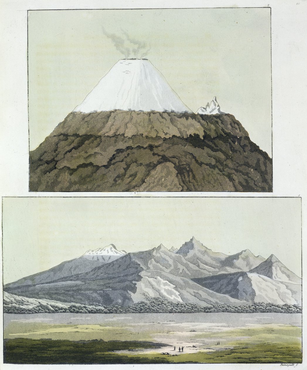 科托帕希的首脑会议（上图）和科索帕希的爆发，1803年（底部），来自&39;Le Costume Ancien et Moderne&39;，第一卷，Jules Ferrario，出版于1820年代至30年代 作者 弗里德里希·亚历山大·冯·洪堡男爵