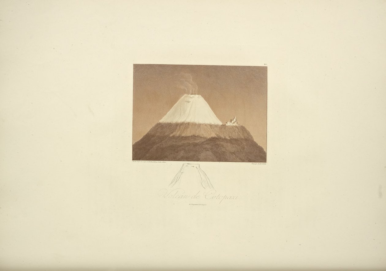 Cotopaxi火山，由Gmelin绘制，由Arnold雕刻，插图来自“美国土着人民的科迪勒拉和美元的观点”，作者：Alexander von Humboldt和Aime Bonpland，1813年 作者 弗里德里希·亚历山大·冯·洪堡男爵