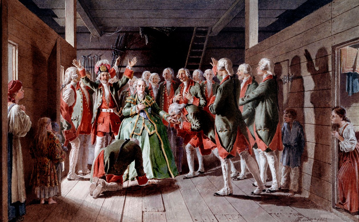 俄罗斯人打动了伊丽莎白·伊尔·彼得罗夫娜（Elisabeth Iere Petrovna，1709-1762）在她的盛宴和她未来登上皇位的那天，士兵们向她宣誓效忠克洛特的版画（19 世纪）1883 年圣彼得堡冬宫博物馆 作者 于尔根斯堡的米哈伊尔·彼得罗维奇·克洛德男爵