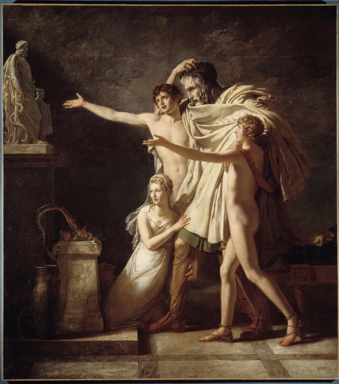献给神埃斯库拉皮乌斯蛇的礼物，以纪念罗马医学之神 - Pierre Narcissus (Pierre-Narcisse) Guerin (1774-1833) 1803 Sun 2,91x2,59 m Arras，Musee des Beaux Arts - 绘画 埃斯库拉庇俄斯神。 蛇给我的礼物 作者 皮埃尔·纳西塞·盖林男爵