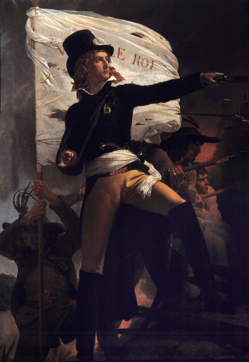 Portrait en pied de Henri Duverger, Comte de La Rochejaquelein (or Orchard de La Rochejacquelein) (1772-1794) general sold with the flag live le roi”” (on chest the insignia of the Vendees)”” (Wars of Vendee) Painting by Pierre Narcisse (Pierre-Narcisse) G 作者 皮埃尔·纳西塞·盖林男爵