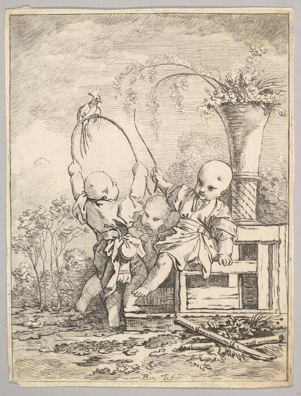 中国儿童与鹦鹉的游戏，1760-70。 作者 Baron de Thiers Louis Antoine Crozat