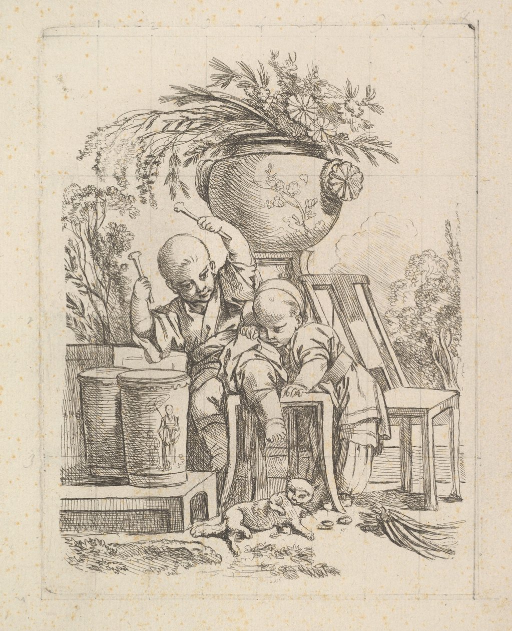 两个孩子，一个打鼓。 作者 Baron de Thiers Louis Antoine Crozat