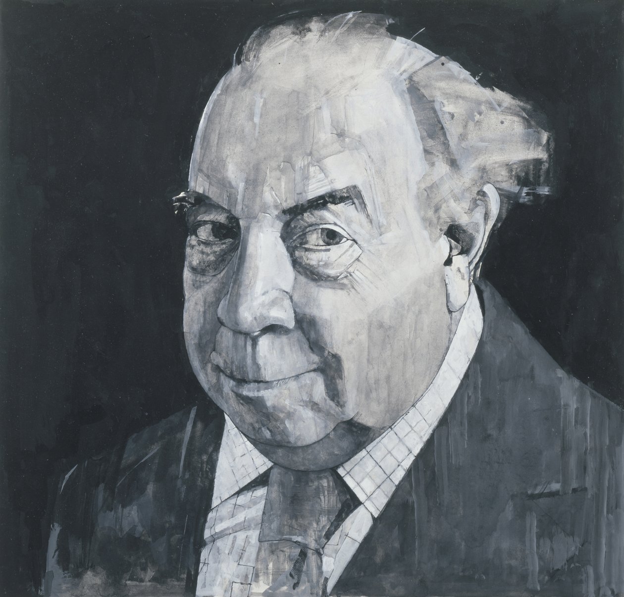 JB Priestley的肖像，听众的插图，20世纪70年代（船上的水粉和铅笔） 作者 巴里·范托尼