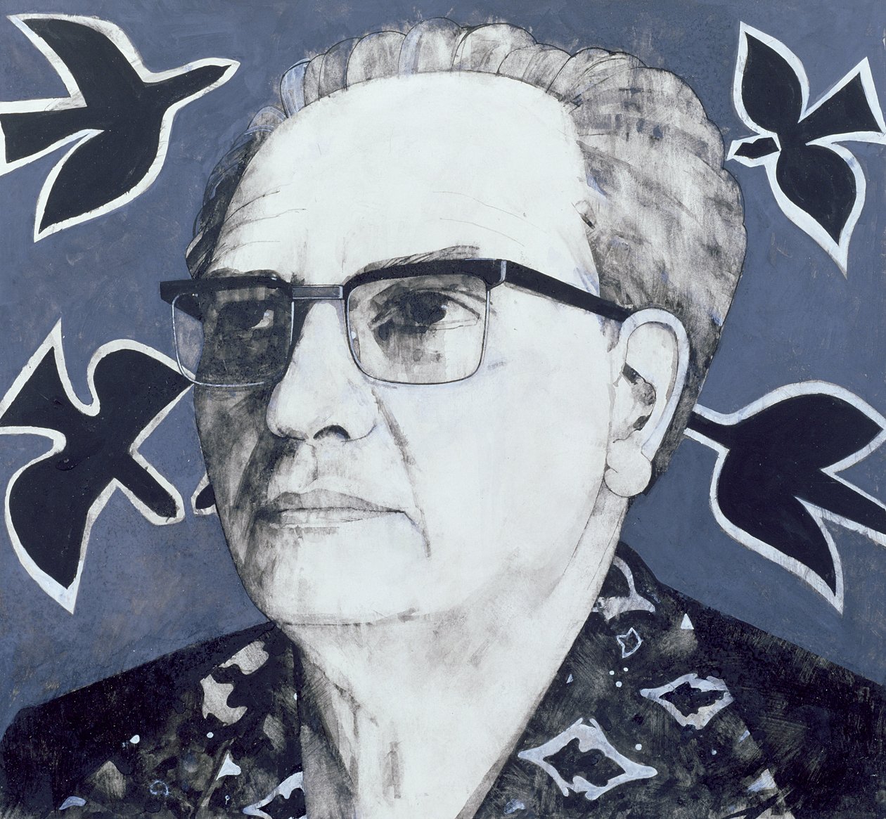 奥利维尔·梅西安的肖像，“星期日泰晤士报”的插图，1970年代（船上的水粉画） 作者 巴里·范托尼