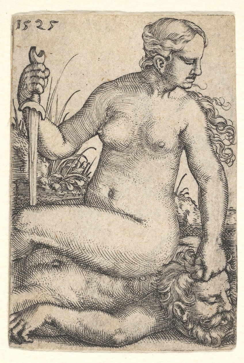 朱迪思（Judith）朝右看，裸体地坐在霍洛弗涅斯（Holofernes）的尸体顶上，a着嘴，1525年。 作者 巴瑟尔·贝汉姆