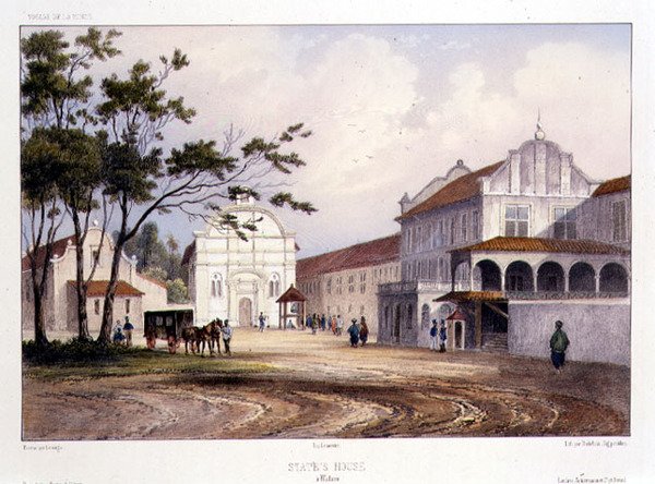 马六甲的国家宫，由阿尔弗雷德-莱昂-勒梅西尔雕刻，约1840年（手绘石印）。 作者 巴泰勒米（后）洛弗涅