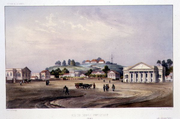 新加坡新教寺庙景观，由Alfred Leon Lemercier雕刻，约1840年（手绘石印）。 作者 巴泰勒米（后）洛弗涅