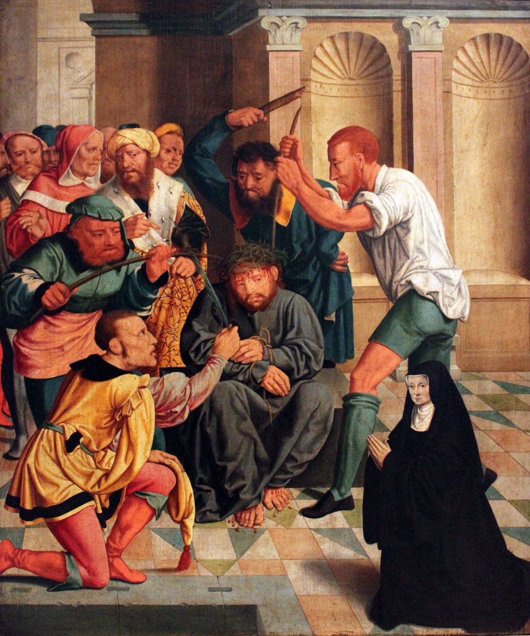 德文：Dornenkrönung Christi mit kniender Benediktinerin als Stifterin 耶稣头戴荆棘冠冕，本笃会修女跪地献花 作者 老巴塞洛梅厄斯·布鲁因