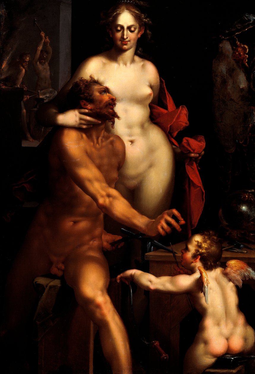 维纳斯在伏尔甘、木星和安提俄普的熔炉中（绘画） 作者 Bartholomaeus Spranger