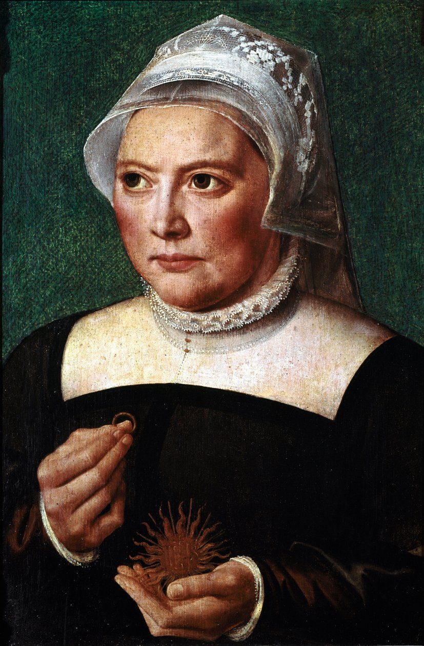 凯瑟琳·德·博尔 (Katherina von Bora) (1499-1552) 肖像，马丁·路德的妻子 她手里拿着一个联盟，戴着草莓项圈。 Bartholomaeus (Barthel) Bruyn the Elder (1493-1555) 尚蒂伊的绘画，孔德博物馆 作者 布鲁因长老巴索罗米乌斯